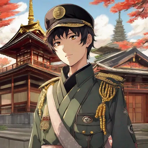 Prompt: full figure, whole body. A Male cute japanese boy. well draw face. detailed. He wears a japanese imperial army uniform and cap. In background a japanese Temple.  Studio Mappa art, studio trigger art. anime art. 2d. 2d art. 