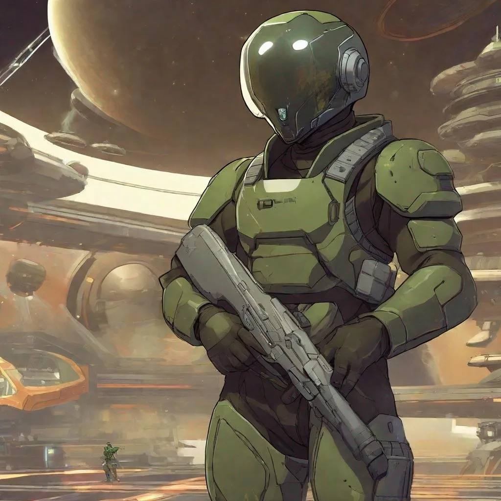 Prompt: Seen from distance. Whole body. Full figure. An african scifi soldier in olive green armor. He has a Destiny 2 helmet. 
He wields a rifle. In background a scifi station in space. Anime. Rpg art. Akira art. 2d art. 2d. 