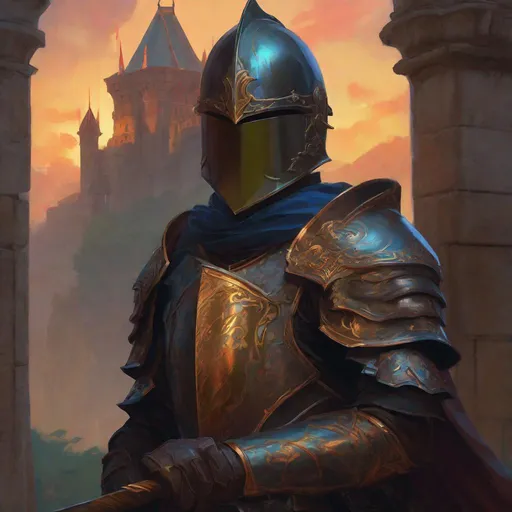 Prompt: A young Knight with an helmet that covered his face, holding a spear. changeling the dreaming art. 2d art. 2d. rpg art.  In Background a castle head and shoulders portrait, 8k resolution concept art portrait by Greg Rutkowski, Artgerm, WLOP, Alphonse Mucha dynamic lighting hyperdetailed intricately detailed Splash art trending on Artstation triadic colors Unreal Engine 5 volumetric lighting