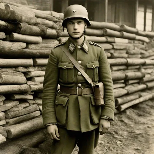 Prompt: Whole body. Full figure. A German-american soldier in green-gray uniform. He wears a WWII Czechoslovakian helmet. In background a trench. Well draw face. Detailed. Historical photo. WWII pics.  