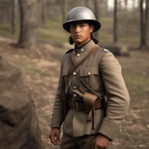Prompt: Whole body. Full figure. Confederate native american soldier. Cadet Gray Uniform. WWII M33 italian helmet Helmet. In background a trench . Well draw face. Detailed. realistic helmets. Historical photo. WWII pics.  