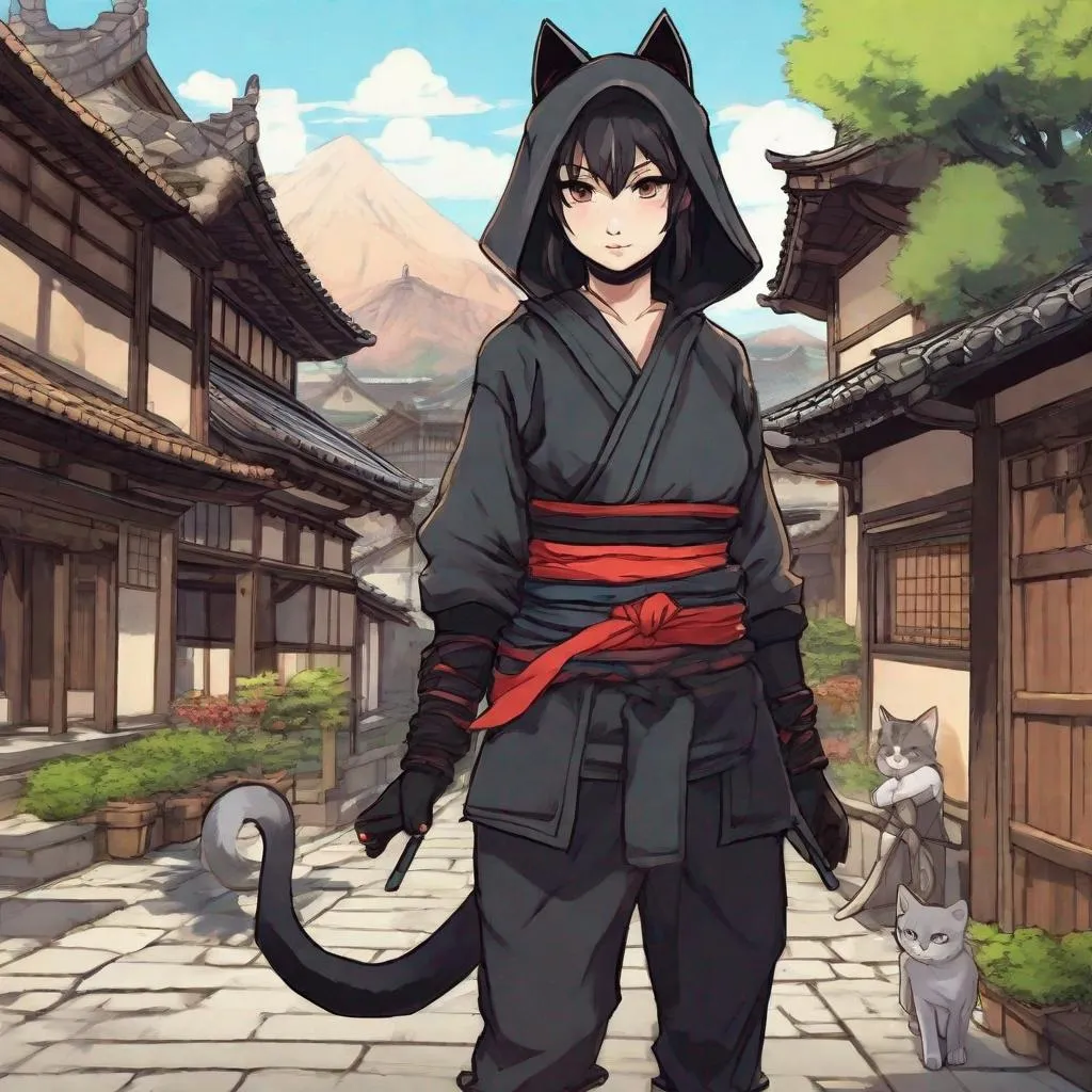 Prompt: A human Ninja Girl with cat's ears. Two tails. In background a medieval japanese Village. Anime art. Studio Mappa art. 2d. 2d art. Well draw face. Detailed. Dynamic Pose.