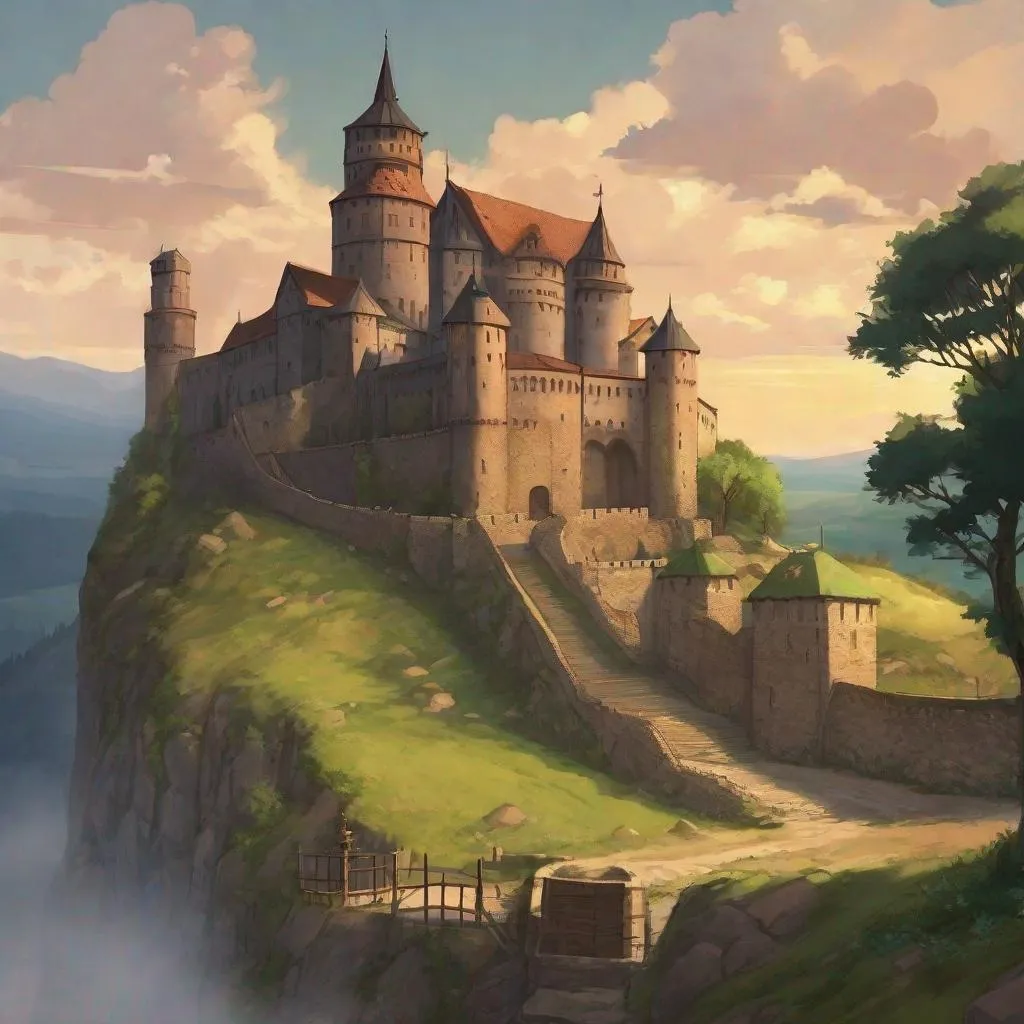 Prompt: an impressive medieval german citadel on a top of a hill, inside a medieval german city. Anime art. 2d. 2d art