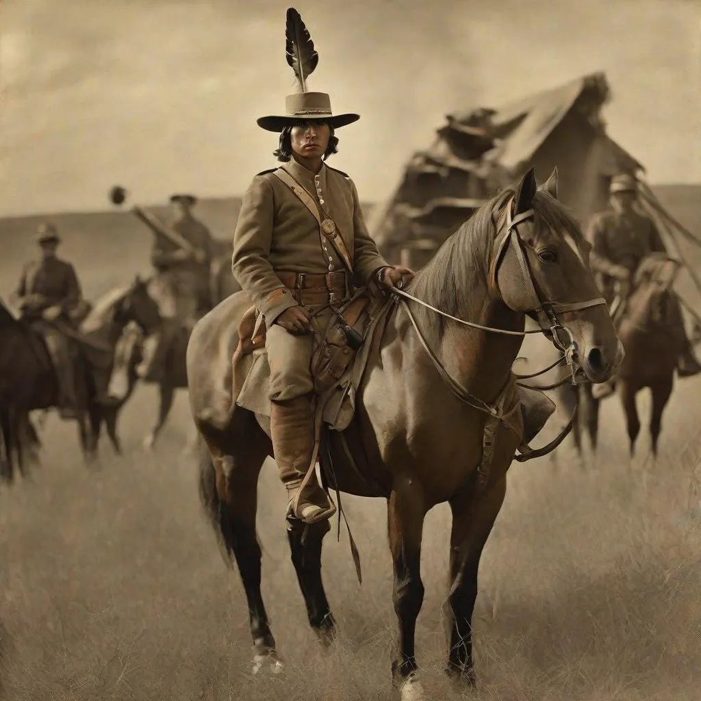 Prompt: Whole body. Full figure. Confederate native American light cavalryman. Wwi Anzac hat. In background Texas prairies. Well draw face. Detailed. realistic helmets. Historical photo. WWI pics.  