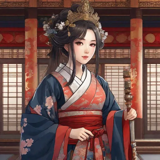 Prompt: A young woman in japanese medieval imperial dress. She is beautiful. In background a imperial throne room. Anime art. Studio Mappa art. 2d. 2d art. Well draw face. Detailed. Dynamic Pose.