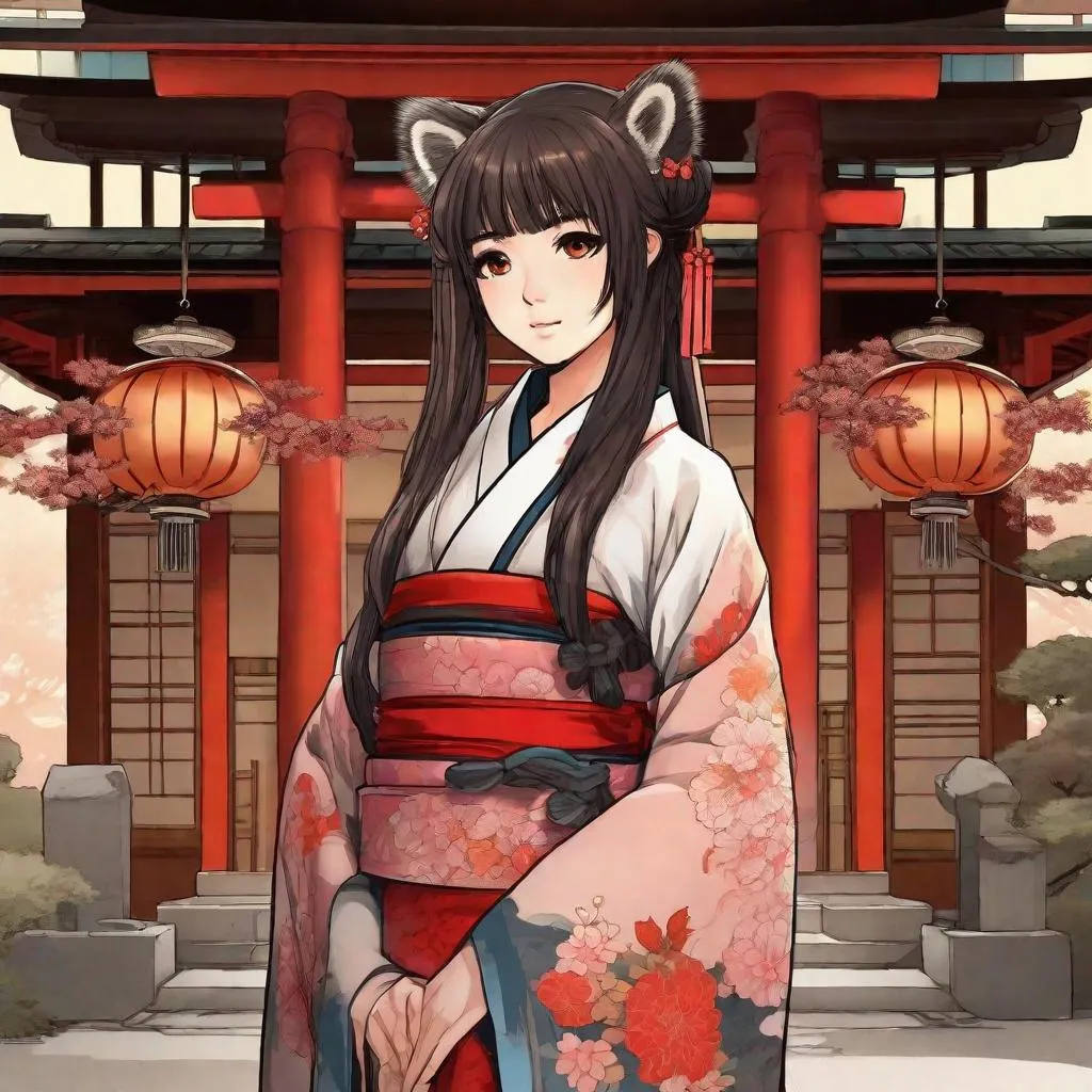 Prompt: A human girl with raccoon ears and tail. she is dressed like a japanase shrine maiden. In background a japanese shrine and a torii gate.. Anime art. Studio Mappa art. 2d. 2d art. Well draw face. Detailed. 