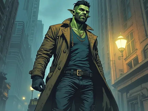 Prompt: comic book style. high contrast with the highlights and shadows. Lower contrast on colors. He has a strong figure. Medium to large body type in top physical fitness. Tall at 6'0". Very muscular. He has desaturated greenish skin and has facial features like a goblin like human. He wears a grungy old Trench coat with pockets under his vest to hide his inventory he sells, dark paints, dark shirt. He should have green skin, pointed ears, he is gritty, he has short black hair, he has fangs but they are short he has an unshaven face but not a beard. He wears a a gold chain, wears a trench coat. He has black cargo pants and and army boots. He wears gloves. He is not a happy man. He does not smile. He has dark brown eyes. NOT realistic should be illustrated like a comic with very few tones. Sketchy style. Only use a few colors and that many medium shadows. He has an unshaven face very gritty. He should not have wrinkles on his face. He is 30 years old. He has a masculine charismatic attractive face, not ugly. 

Create a pose of this character standing straight, looking forward, with his hands by his sides. White background.
