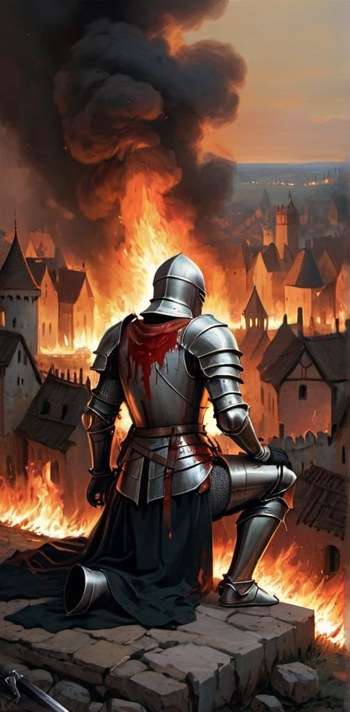 Prompt: knight with bloody armor kneeling with his sword in front of a burning medieval town with the corpses of villages in the fround
