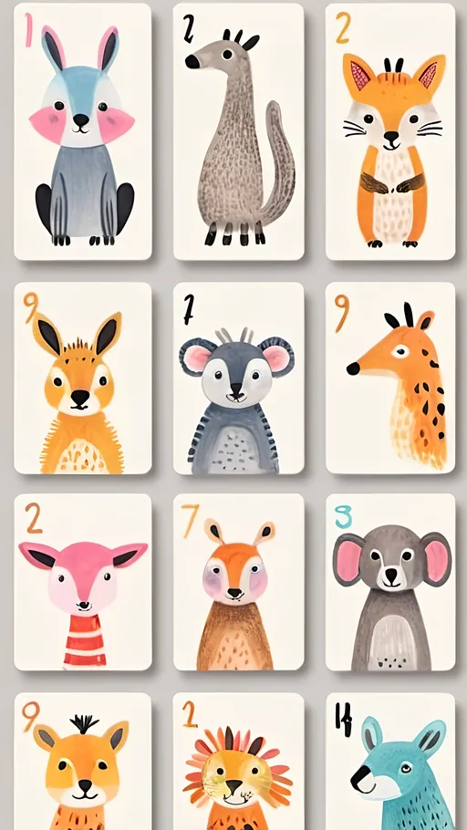 Prompt: Childlike playing cards with animal drawings and numbers (one number each card from 1 to 10),  make 40 cards 1 for each animal, each animal 4 colors, vibrant colors, playful illustrations, hand-drawn style, cute and whimsical, 8-year-old's artwork, colorful animal illustrations, hand-drawn numbers, playful and vibrant, childlike artwork, vibrant and playful, animal drawings, colorful numbers, playful and vibrant, hand-drawn style, pastel colors, vibrant illustrations, cute animal drawings, 8-year-old's artwork, vibrant animal drawings, playful numbers, cute animal illustrations, vibrant color palette