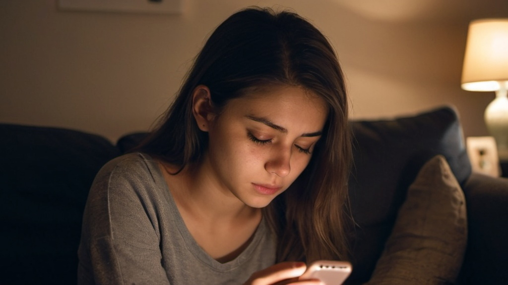 Prompt: Imagine a young woman, around 23 years old, sitting alone in a cozy but dimly lit room. Her expression shows a mix of sadness and deep contemplation as she stares down at her phone, holding it in both hands. The light from the phone casts a soft glow on her face, highlighting the uncertainty and worry in her eyes. The background is slightly blurred, indicating a comfortable living space, perhaps with a couch and a few personal items scattered around. The mood of the scene is heavy, capturing the moment where she's beginning to grapple with the realization that her boyfriend might be cheating on her.