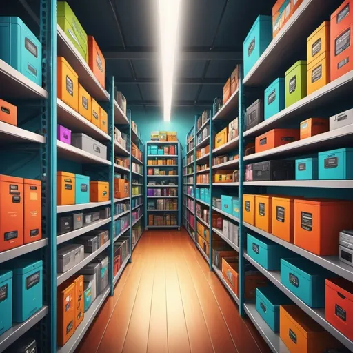 Prompt: Vibrant digital illustration of a bustling Amazon-style storage with electronic products, diverse products on shelves, lively atmosphere, high quality, digital art, vibrant colors, dynamic lighting, diverse products, bustling environment, urban, modern, digital illustration, colorful, lively atmosphere, detailed digital art, highres, ultra-detailed, diverse range of products, vibrant, dynamic lighting