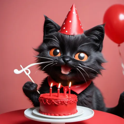 Prompt: Gatito negra con torta de cumplea�os y una chica de cabello color rojo corto cantando cumple a