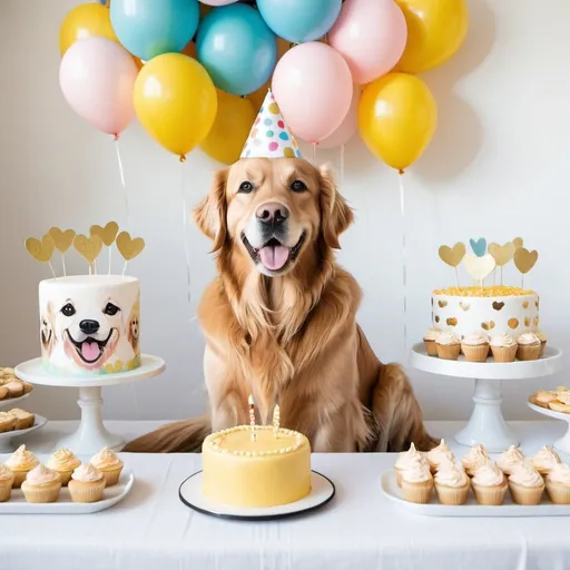 Prompt: whimsical golden retriever birthday party