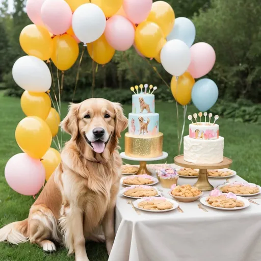 Prompt: whimsical golden retriever birthday party