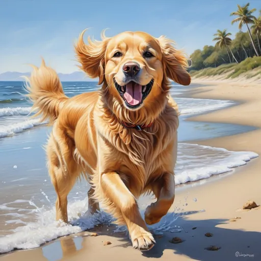 Prompt: Whimsical golden retriever at the beach, sunny and vibrant, realistic painting, sandy shore, clear blue sky, playful expression, golden fur catching sunlight, joyful atmosphere, high quality, realistic, detailed, beach scene, sunny, vibrant, golden retriever, playful, sandy shore, clear blue sky, realistic painting, detailed fur, joyful atmosphere