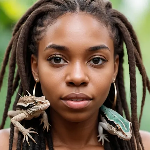 Prompt: Photo portrait of black young woman with dreadlocks and 3 tiny live lizards sitting across her face and hair. Clear skin, Realistic style, photo style, closeup view