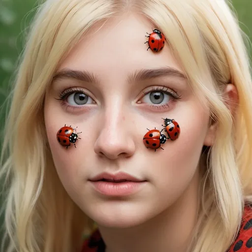 Prompt: A lot of ladybugs in a girl's blonde hair. Realistic style, photo style, closeup view
