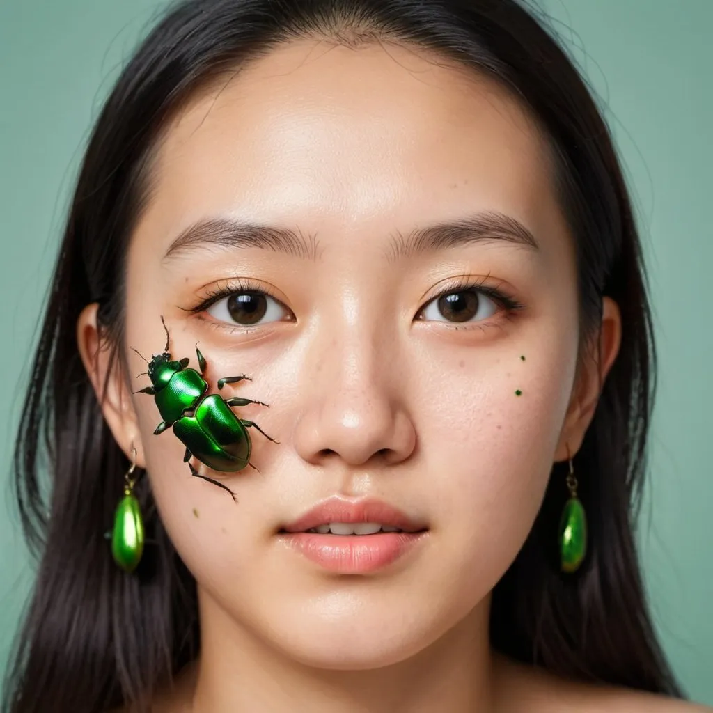 Prompt: Photo portrait of an asian girl with real 3 small green beetles sitting on her face. Clear skin. Gree beetles in hair. Closeup, realistic