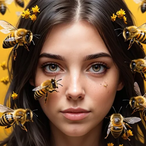 Prompt: Realistic bees in a girl's dark hair. Girl's face covered with bees. Brunette girl. Realistic style, photo style, closeup view. Photo portrait