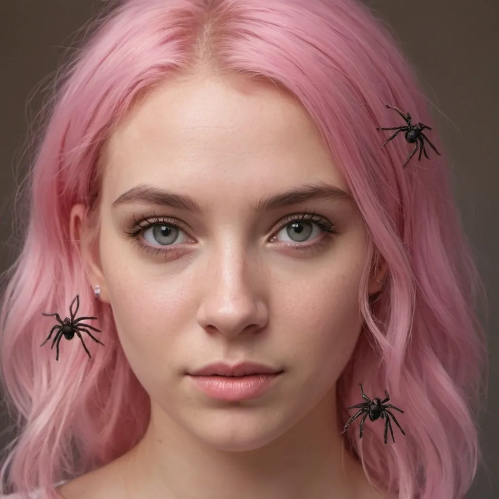Prompt: Realistic photo of pink-haired girl with many 3d big spiders on her face. Closeup portrait of girl with live spiders sitting in her pink hair