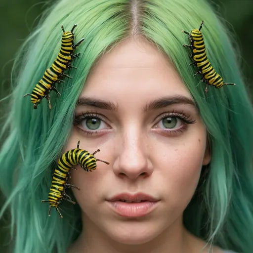 Prompt: Photo portrait of a girl with green hair with live caterpillars across her face. Caterpillars in hair. Closeup, realistic