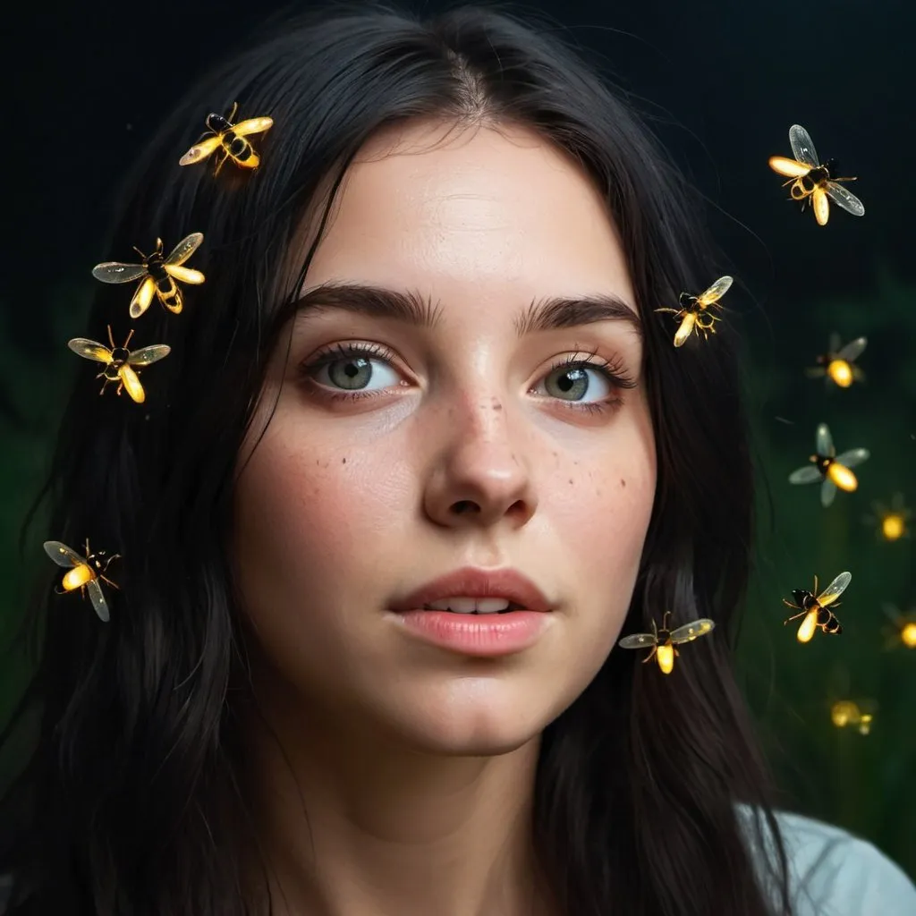 Prompt: Photo portrait of brunette young woman with fireflies on her face. A lot of fireflies in a girl's black hair. Realistic style, photo style, closeup view