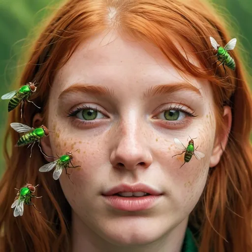 Prompt: A lot of green flies on a girl's face with ginger hair. Green flies sitting on girls's face. Realistic style, photo style, closeup view