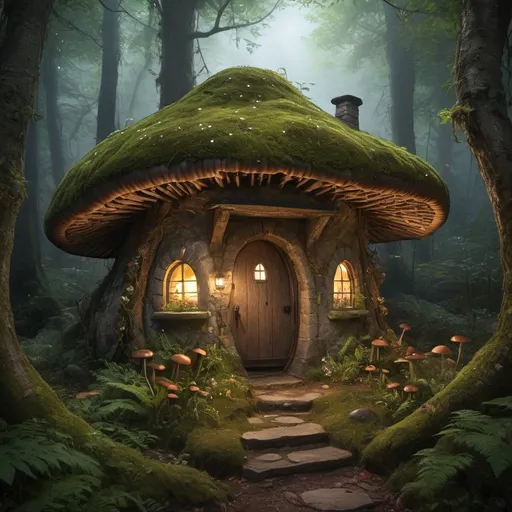 Prompt: mystical depths of the forest where ancient trees stand tall and a gentle mist weaves through the air. Amidst this enchanting landscape, nestled between gnarled roots and moss-covered rocks, lies a hidden gem: the Enchanted Mushroom Cottage.

Picture a quaint mushroom, its cap large enough to accommodate a cozy home within. The mushroom's stem serves as the foundation, adorned with delicate vines and tiny flowers that twine around its surface, adding a touch of whimsy to the scene. The cap, broad and domed, shelters the cottage below, its surface dotted with bioluminescent spots that emit a soft, warm glow, casting an inviting light into the surrounding darkness.

Through the intricately carved wooden door, glimpses of the interior reveal a snug living space filled with rustic charm. A crackling fire dances in the hearth, sending flickering shadows across the walls adorned with shelves of spell books and potion bottles. Plush cushions and woven rugs offer comfort underfoot, while the aroma of herbs and spices fills the air, promising warmth and hospitality to any weary traveler who stumbles upon this magical abode.

Outside, fireflies dart among the ferns, their luminescent trails weaving patterns in the night sky. Beyond the mushroom's sheltering embrace, the forest stretches out in all its mystical splendor, beckoning adventurers to explore its secrets and uncover the wonders that lie hidden within its depths.