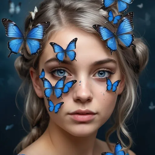 Prompt: Realistic photo of girl with dark grey hair with blue butterflies on her face. Closeup portrait of dirty dark blonde girl with butterflies in hair