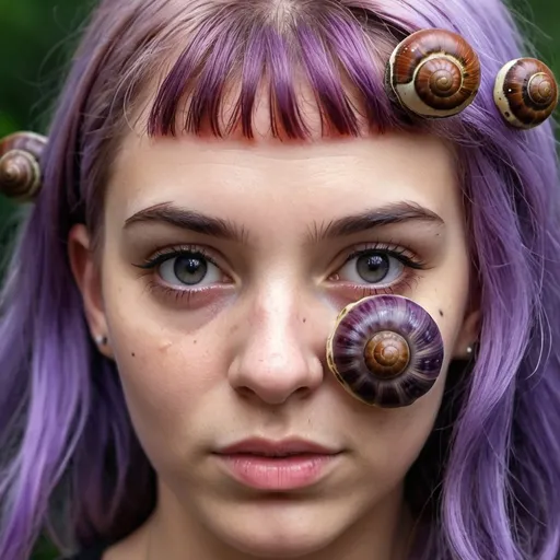 Prompt: Photo portrait of a girl with purple hair with 5 snails across her face. Real snails in hair. Closeup, realistic