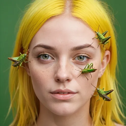 Prompt: Photo portrait of a girl with yellow hair with 3 grasshoppers on her face. Clear skin. Real grasshoppers in hair. Closeup, realistic