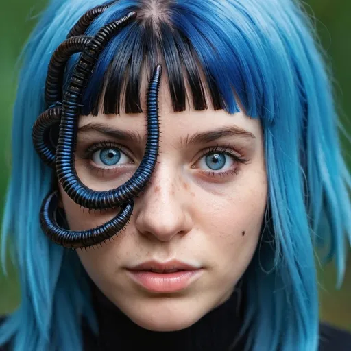 Prompt: Photo portrait of a girl with blue hair with a lot of black millipedes across her face. Millipede in hair. Closeup, realistic