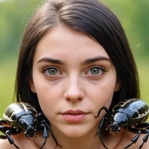 Prompt: Photo portrait of a Ukrainian black-haired girl with 2 big may bugs sitting on her face. Clear skin, Realistic style, photo style, closeup view, front view