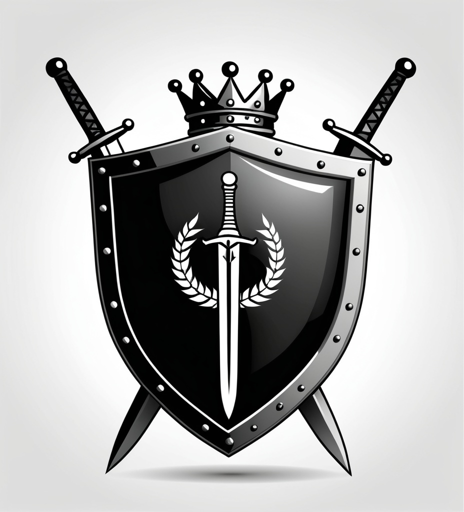 Prompt: a shield with two swords and a crown on top of it icon, isolated on a white background, Andries Stock, sots art, medieval, vector art