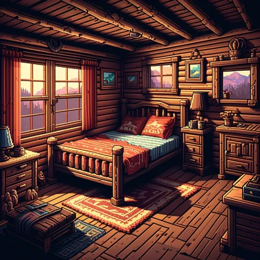 Prompt: Fantasy Western scene, 80s pixel art style, log cabin interior, bedroom, nostalgic retro feel, ultra-detailed 8-bit aesthetic, perfect for capturing the essence of the old west, inviting and adventurous ambiance.