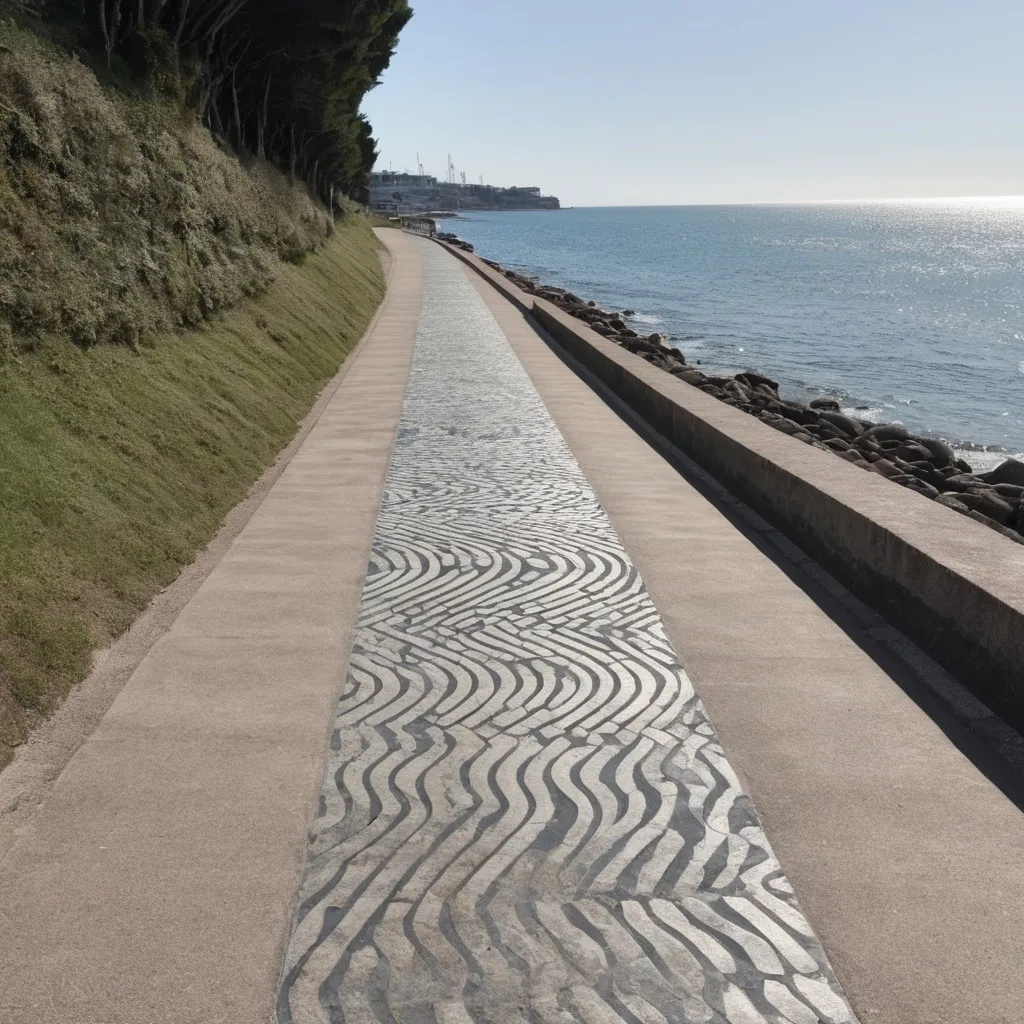 Prompt: A pathway next to the sea, with a sound track frequency pattern