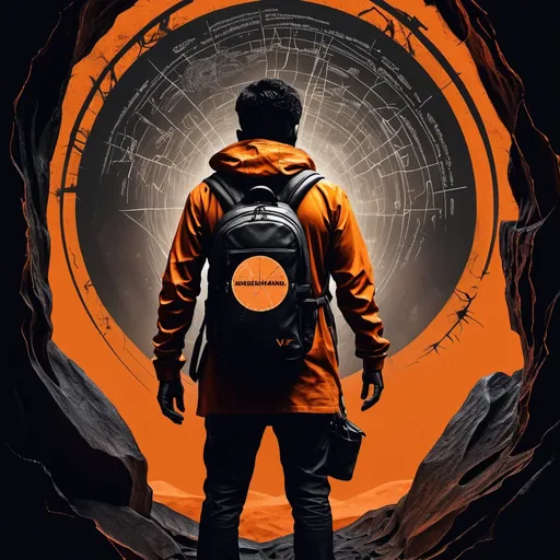 Prompt: Create poster in dark theme, of a horror thriller movie titled vrushakarma with black and orange coloured words... Where a guy in treasure hunter outfit without a bag is standing and looking behind. where a background consists of a orbital structures carved on land , on which cracks where spreading 