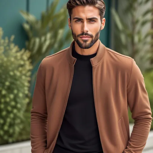 Prompt: a maa ma<mymodel>n in a brown jacket standing in front of a building with a black shirt and a black shirt, Farid Mansour, hurufiyya, vfx, a stock photo