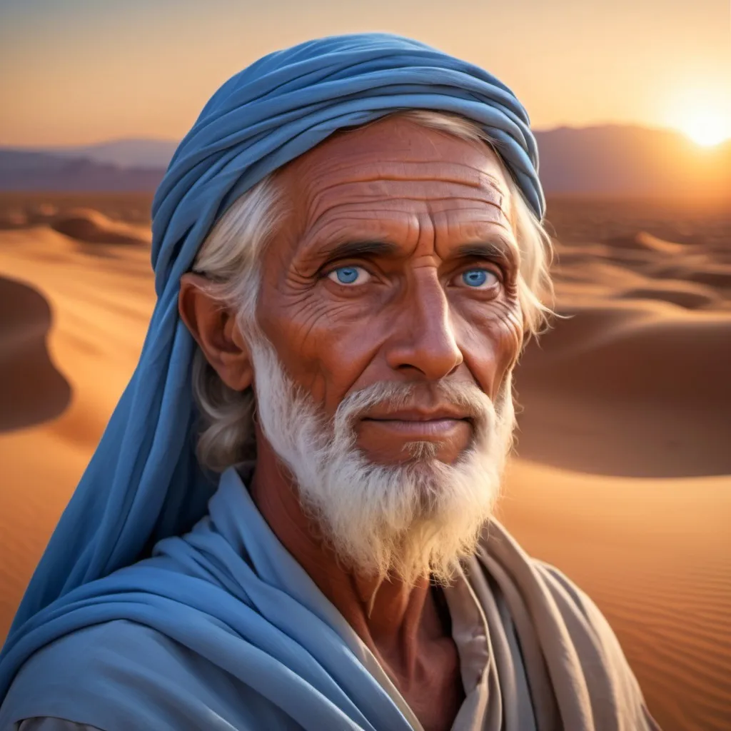 Prompt: old tanned skin prophet in a desert at sunset, transparent blue eyes.