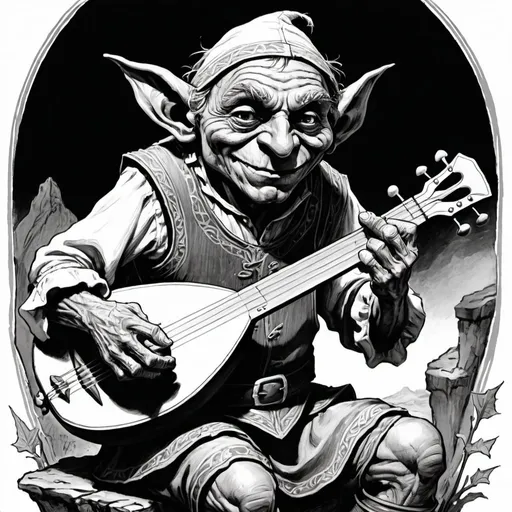 Prompt: Black and white line ink fantasy illustration of an old goblin minstrel playing a lute. In the style of free league's forbidden lands RPG
