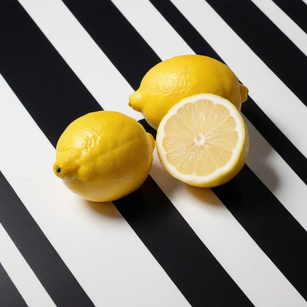 Prompt: a lemon and a lemon slice on a striped background with a black and white stripe pattern and a black and white stripe, Enguerrand Quarton, regionalism, album cover, an album cover