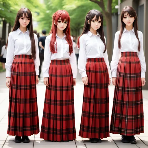 Prompt: Multiple long-straight haired anime girls who are wearing floor-length maxi long red tartan pleated skirts that are extremely long. The anime girls are also wearing sleeved buttoned white shirts.

The anime girls are not moving.

The floor-length maxi skirts are floor-length and extremely long.