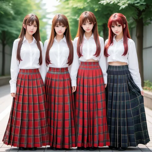 Prompt: Multiple long-straight haired anime girls who are wearing floor-length maxi long red tartan pleated skirts that are extremely long. The anime girls are also wearing sleeved buttoned white shirts.

The anime girls are not moving.

The floor-length maxi skirts are floor-length and extremely long.