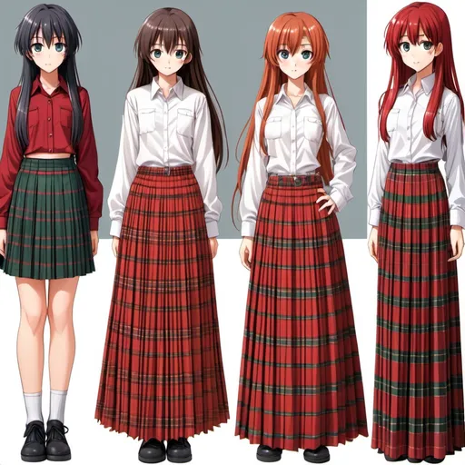 Prompt: Multiple long-straight haired anime girls who are wearing floor-length maxi long red tartan pleated skirts that are extremely long. The anime girls are also wearing sleeved buttoned white shirts.

The anime girls are not moving.

The floor-length maxi skirts are floor-length and extremely long.