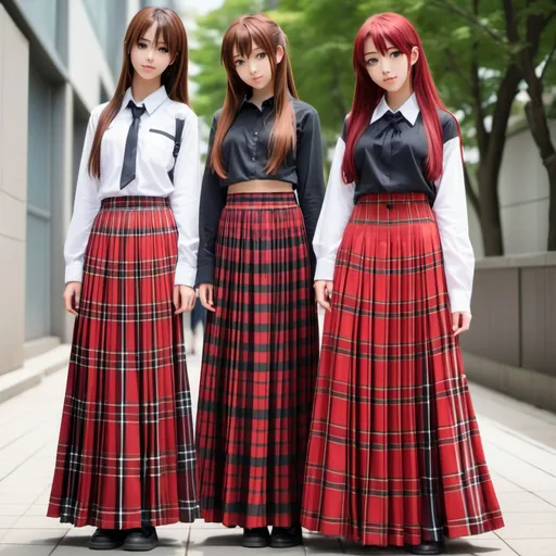 Prompt: Multiple long-straight haired anime girls who are wearing floor-length maxi long red tartan pleated skirts that are extremely long. The anime girls are also wearing sleeved buttoned white shirts.

The anime girls are not moving.

The floor-length maxi skirts are floor-length and extremely long.