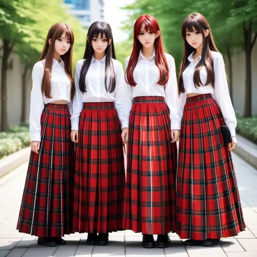 Prompt: Multiple long-straight haired anime girls who are wearing floor-length maxi long red tartan pleated skirts that are extremely long. The anime girls are also wearing sleeved buttoned white shirts.

The anime girls are not moving.

The floor-length maxi skirts are floor-length and extremely long.