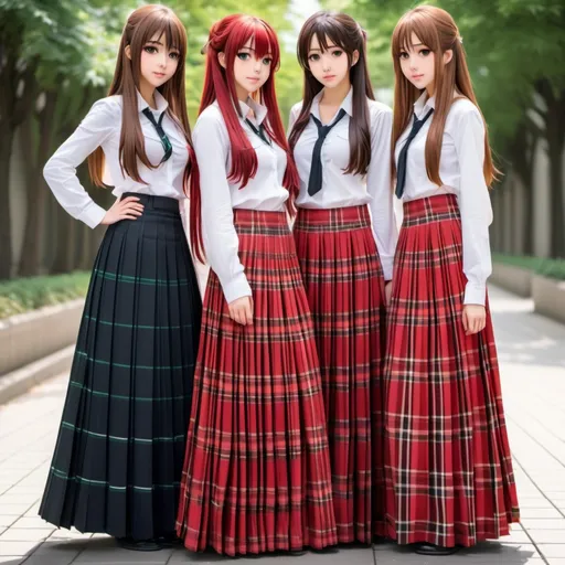 Prompt: Multiple long-straight haired anime girls who are wearing floor-length maxi long red tartan pleated skirts that are extremely long. The anime girls are also wearing sleeved buttoned white shirts.

The anime girls are not moving.

The floor-length maxi skirts are floor-length and extremely long.