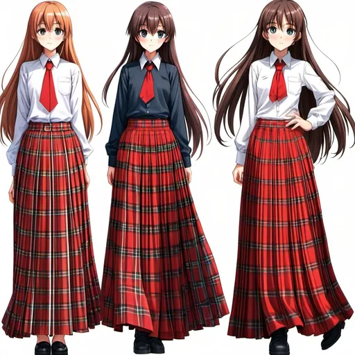 Prompt: Multiple long-straight haired anime girls who are wearing floor-length maxi long red tartan pleated skirts that are extremely long. The anime girls are also wearing sleeved buttoned white shirts.

The anime girls are not moving.

The floor-length maxi skirts are floor-length and extremely long.