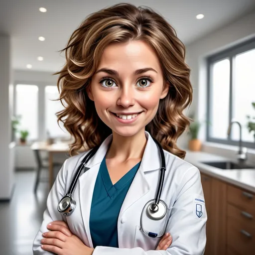 Prompt: Create a highly detailed and realistic photo image of a Norwegian female doctor mascot. She should have a friendly and confident expression, with large expressive eyes and a bright smile. The character should have brown curly growth hair. Background should be kitchen with white wall.