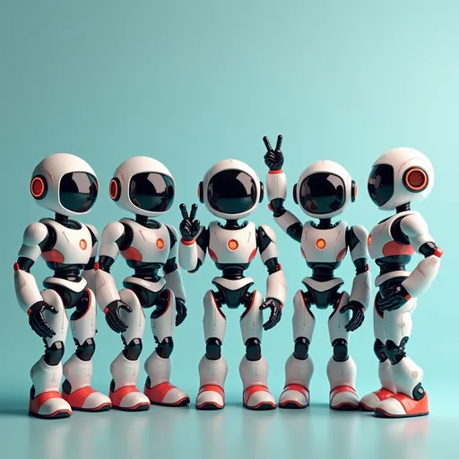 Prompt: Create an image with 5 futuristic bots celebrating success of policy renewals for the third consecutive day showing Victory symbol V and smiling